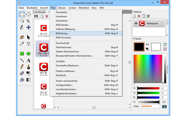 Der Greenfish Icon Editor Pro verfügt über die gängigen Zeichenwerkzeuge, unterstützt das Arbeiten mit mehreren Ebenen und bietet zudem zahlreiche Bildbearbeitungsfilter.