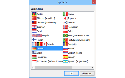 Nach dem ersten Programmstart des Greenfish Icon Editor Pro sollten Sie zunächst die deutsche Bedienoberfläche aktivieren. Nutzen SIe dazu Taste [F11] und die Auswahl „German“.