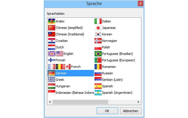 Nach dem ersten Programmstart des Greenfish Icon Editor Pro sollten Sie zunächst die deutsche Bedienoberfläche aktivieren. Nutzen SIe dazu Taste [F11] und die Auswahl „German“.