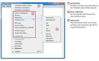 Die aktivierten Zusatzfunktionen von Windows Menu Plus erreichen Sie, wenn Sie das links oben angezeigte Programm-Icon anklicken oder die Tastenkombination [Alt Leertaste] drücken. Die einzelnen Bedienelemente des Systemmenüs erläutert dieses Schaubild.
