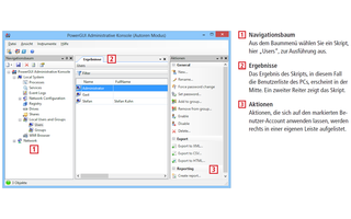 Power GUI ergänzt die Windows-Powershell um eine bedienerfreundliche grafische Oberfläche und einen Skripteditor. Die wichtigsten Bedienelemente der Administrativen Konsole von Power GUIerläutert dieses Schaubild.