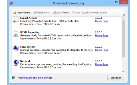 Im Download von Power GUI ist bereits eine Reihe fertiger Skripts enthalten. Diese Skriptpakete erweitern die Powershell unter Power GUI um neue Funktionen.
