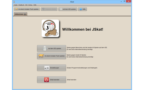 JSkat ersetzt beim Skat-Spiel am lokalen Tisch fehlende menschlichen Gegner durch den Computer oder sucht Mitspieler auf dem Internationalen Skat Server ISS.