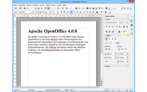 Die größte Neuerung in Version 4 von Apache OpenOffice ist die Sidebar. Diese Werkzeugleiste am Seitenrand ist kontextsensitiv und bietet einen schnellen Zugriff auf häufig benötigte Editierfunktionen.