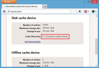 Cache-Details: In „about:cache“ zeigt Firefox statistische Daten zum Cache und auch das aktuell verwendete Verzeichnis, hier „R:\Firefox-Cache“