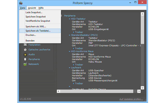 Mit dem Befehl „Speichere als Textdatei…“ gibt Speccy einen Hardware- und Statusbericht zum PC als Textdatei aus.
