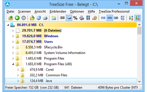 Treesize Free liefert Informationen zur Belegung von Laufwerken und ermittelt, bei welchen Ordnern sich am schnellsten bislang belegter Speicherplatz freimachen lässt.