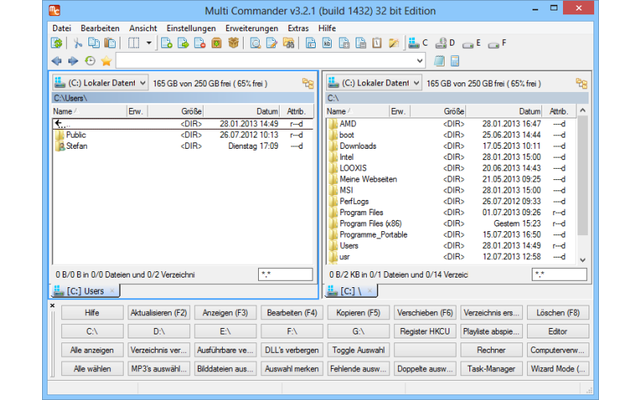 Multi Commander Portable ist ein Zweifenster-Dateimanager, mit dem sich Dateien bequem zwischen zwei Ordnern kopieren, bewegen und abgleichen lassen.