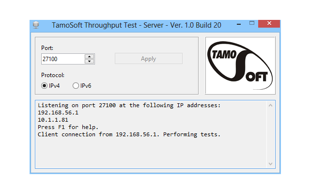Installieren Sie den TamoSoft Throughput Test zunächst auf dem PC, der als Server dienen soll. Rufen Sie danach „Start, Alle Programme, TamoSoft Throughput Test, Run Server“ auf und notieren Sie sich die erste IP-Adresse im unteren Feld.
