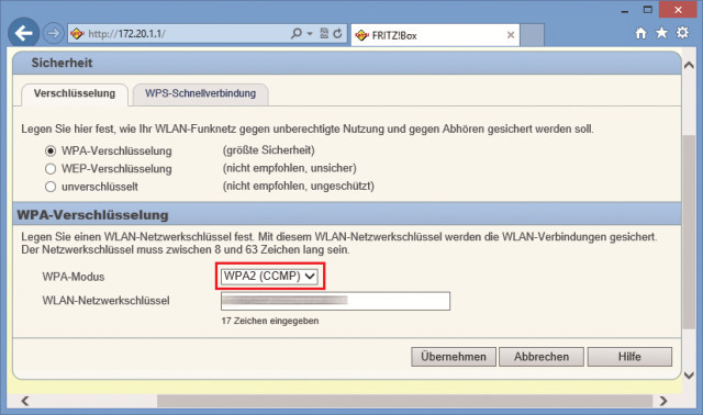 Schnelleres WLAN mit WPA2: TKIP bremst Ihr WLAN aus. Wählen Sie stattdessen „WPA2 (CCMP)“, das auf AES basiert
