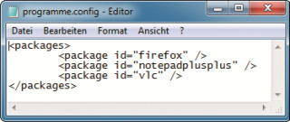 Mehrere Programme installieren: Tippen Sie für jedes Programm, das installiert werden soll, eine eigene Zeile ein, die mit <package id=(…) beginnt