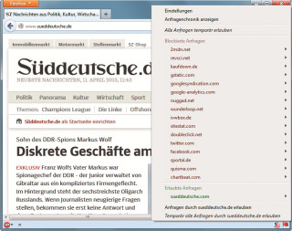 Request Policy: Die Homepage der „Süddeutschen Zeitung“ lädt Inhalte von mindestens 16 zusätzlichen Quellen – jedoch nur, wenn Sie es erlauben