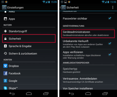 Den Android Geräte-Manager aktivieren Sie in den „Einstellungen“ unter "Sicherheit" im Bereich „Geräteadministratoren“.