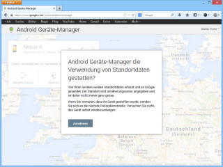 Melden Sie sich beim Android Geräte-Manager mit den Zugangdaten Ihres Google-Kontos an und gestatten Sie die Verwendung von Standortdaten.