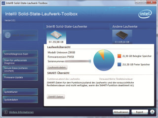 Intel SSD Toolbox: Die SSD Toolbox verwaltet die neueren SSD-Modelle von Intel. Wählen Sie „Firmware-Update“, um die Firmware der SSD zu aktualisieren