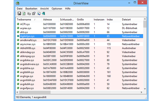 Driver View gibt eine Liste aller von Windows gerade geladenen Treiber aus. Dazu liefert das Programm Detail-Informationen wie den Dateityp und den Hersteller des Treibers.