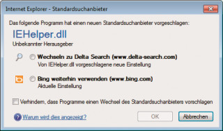 Suchanbieterwechsel: Sobald eine Toolbar die Standardsuchmaschine ändern möchte, informiert der Internet Explorer den Anwender darüber.