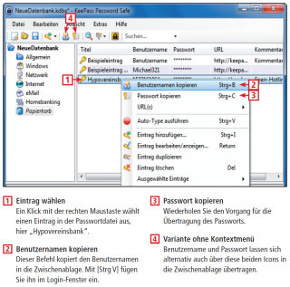 Zugangsdaten aus dem Passwort-Safe übertragen: Keepass nutzt die Zwischenablage von Windows, um die Zugangsdaten aus dem geöffneten Passwort-Safe in das Login-Fenster einer Website zu übertragen.