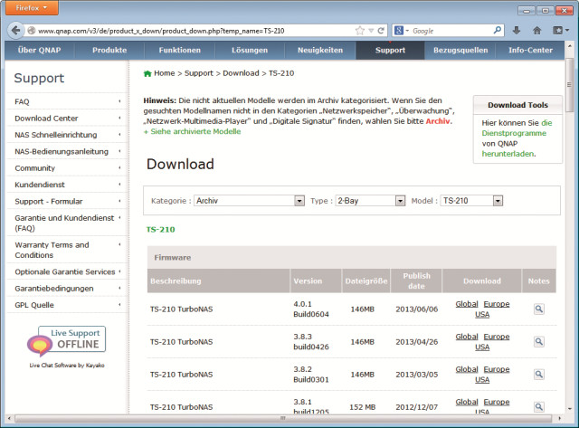 Download-Bereich: Qnap bietet auch für ältere NAS-Server noch Software-Aktualisierungen an