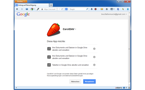 Ein Klick im Programm und das Akzeptieren der Anfrage im Browser genügen, um Ihren Speicher bei Google Drive in CarotDAV einzubinden.