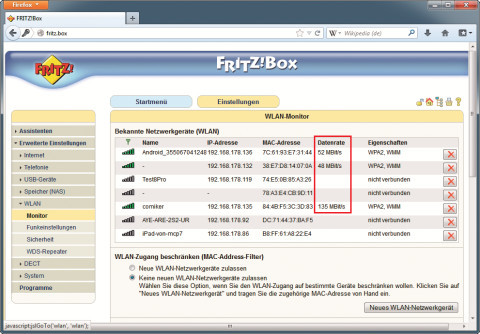 Fritzbox: Im Webinterface Ihres Routers sehen Sie, mit welcher Geschwindigkeit sich Ihr WLAN-Gerät angemeldet hat