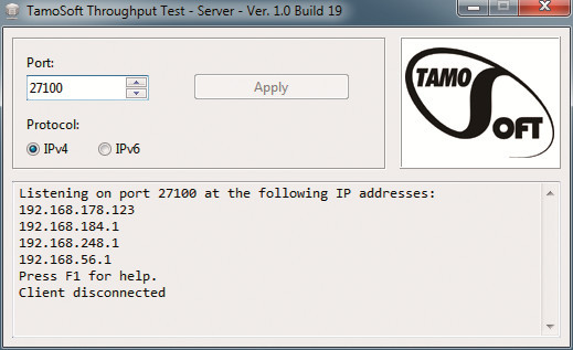Throughput Test: Auf dem Client tragen später Sie die erste IP-Adresse ein, die Ihnen der Server hier anzeigt, im Beispiel 192.168.178.123