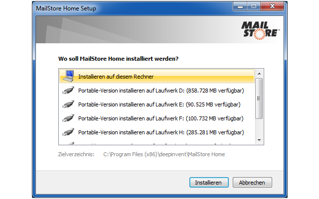 Mailstore Home enthält eine flexible Installationsroutine und lässt Ihnen die Wahl, ob Sie eine fixe oder eine portable Version einrichten wollen.