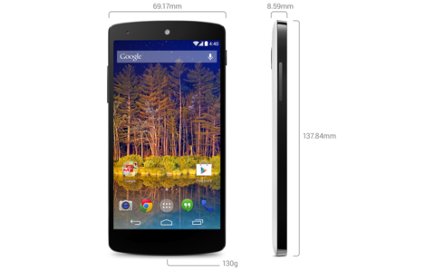 Mit Abmessungen von 69,17 x 137,84 x 8,59 mm ist das Nexus 5 kaum größer als das Nexus 4. Im Google Play Store kostet das neue Android-Flagschiff 349 Euro (16 GByte) beziehungsweise 399 Euro (32 GByte).