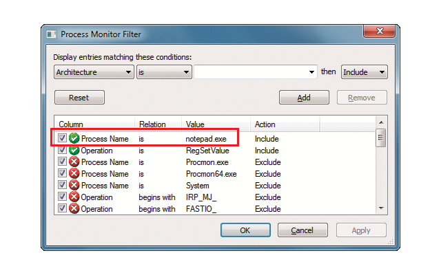 Prozess-Filter: Grenzen Sie die Liste der Prozesse ein, indem Sie sie filtern. Tippen Sie dazu in das Eingabefeld den Namen des Prozesses ein – hier notepad.exe