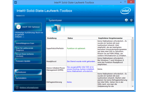 Die Intel SSD Toolbox enthält auch Vorschläge zu Einstellungen, um die Systemleistung in Verbindung mit der SSD zu verbessern.