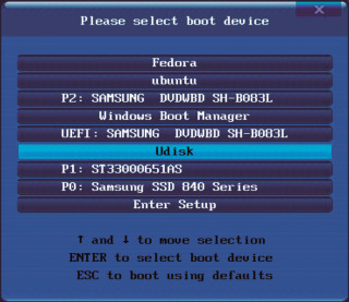 Bootmenü des BIOS: Wählen Sie hier als Startlaufwerk den USB-Stick aus, auf dem Sie Grub4Dos installiert haben