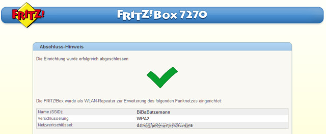 Erfolgreiche Umstellung: Sobald Sie Ihre zweite Fritzbox erfolgreich auf die Betriebsart „Repeater“ umgestellt haben, erscheint dieses Hinweisfenster.