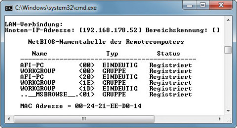 IP-Check: Der Kommandozeilenbefehl nbtstat findet zu einer IP-Adresse heraus, wie der Name des fremden Computers lautet (Bild 4).