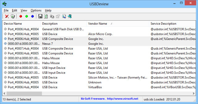 Entfernen Sie mit USBDeview alle Einträge für Ihr Android-Gerät.