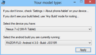 In diesem Dialog wählen Sie Ihr Android-Gerät sowie die Build-Nummer der darauf aktuell installierten Android-Version aus.