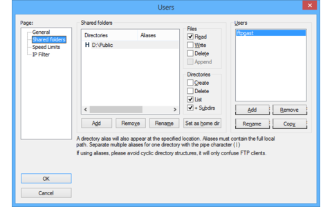 Definieren Sie nun im Filezilla Server ein Verzeichnis, auf das der FTP-Benutzer zugreifen darf. Markieren Sie dann den Verzeichniseintrag und legen Sie unter „Files“ und „Directories“ fest, ob die Benutzer Dateien schreiben, lesen oder löschen dürfen.