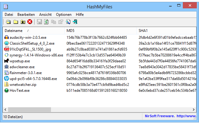 HashMyFiles erstellt MD5-, CRC32- und SHA-Prüfsummen von Ihren Dateien, damit Sie Manipulationen erkennen können, bevor ein heruntergeladenes Programm ausgeführt wird.