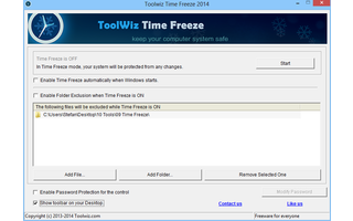 Nach dem ersten Start von Time Freeze, sollten Sie zunächst die Option „Show toolbar on your Desktop“ aktivieren. Das Tool zeigt Ihnen dann durch ein kleines, frei platzierbares Banner auf dem Desktop, ob die Virtualisierung aktiv ist.