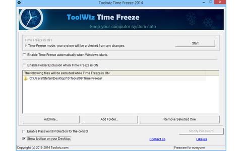 Nach dem ersten Start von Time Freeze, sollten Sie zunächst die Option „Show toolbar on your Desktop“ aktivieren. Das Tool zeigt Ihnen dann durch ein kleines, frei platzierbares Banner auf dem Desktop, ob die Virtualisierung aktiv ist.