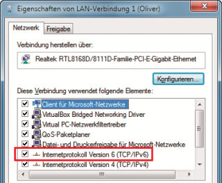 IPv6-Protokoll: Im Netzwerkadapter von Windows muss das „Internetprotokoll Version 6“ aktiviert sein