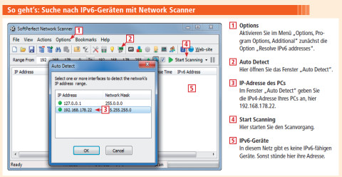 Suche nach IPv6-Geräten mit Network Scanner: Das kostenlose Tool ist ein universelles Analyse-Tool für Ihr Netzwerk. Unter anderem finden Sie mit ihm heraus, welche Geräte Ihres Heimnetzes IPv6-fähig sind