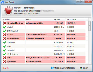 Virus gefunden: Ein Check mit Phrozensoft Virustotal Uploader zeigt, dass diese Datei verseucht ist.
