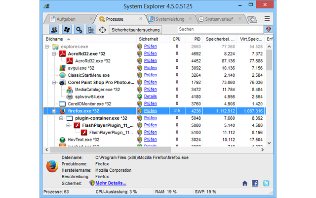 System Explorer liefert detaillierte Informationen zu Prozessen, installierten Treibern und Add-ons. Das Tool zeigt zudem die Netzwerkaktivität und die CPU-Auslastung Ihres PCs.