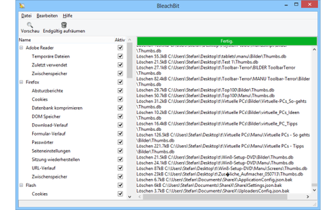 Bleach Bit macht Speicherplatz auf der Festplatte frei und beseitigt die Nutzerspuren zahlreicher Programme. Das Tool löscht Cache-Dateien, Verläufe, Absturzberichte und ähnliche Überbleibsel etwa von Firefox, Office oder Windows.