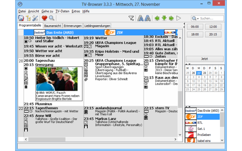 TV Browser ist eine digitale Programmzeitschrift für mehr als 1000 Fernsehsender und über 100 Radiostationen. Das Tool aktualisiert zunächst die Programmdaten per Internet und stellt dann Ihre persönliche Zeitschrift zusammen.