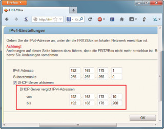 Router konfigurieren: Richten Sie Ihren DSL-Router so ein, dass er nur noch IP-Adressen von zum Beispiel „(…) 10“ bis „(…) 200“ vergibt. Dann gibt es keine Probleme mit dem DHCP-Server im NAS