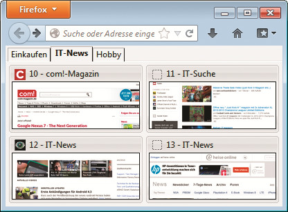 Eigene Favoriten als Startseite: Diese Startseite in Firefox hat Tabs für unterschiedliche Themen