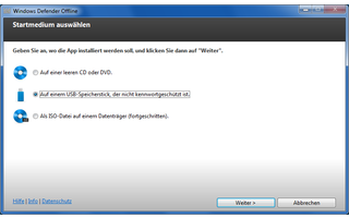 Windows Defender Offline erstellt ein Live-System auf CD/DVD oder USB-Stick, das PCs bootet und nach Schädlingen durchsucht.
