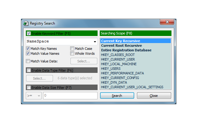 Schlüssel suchen: Drücken Sie im Registry Commander [Strg F], um dieses Fenster zu öffnen, und suchen Sie nach dem gewünschten Schlüssel. Im Beispiel haben wir nach NameSpace gesucht.