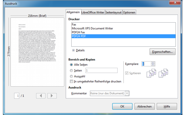 Nach der Installation erscheint PDF24 Creator auch im Kontextmenü der Druckoptionen.